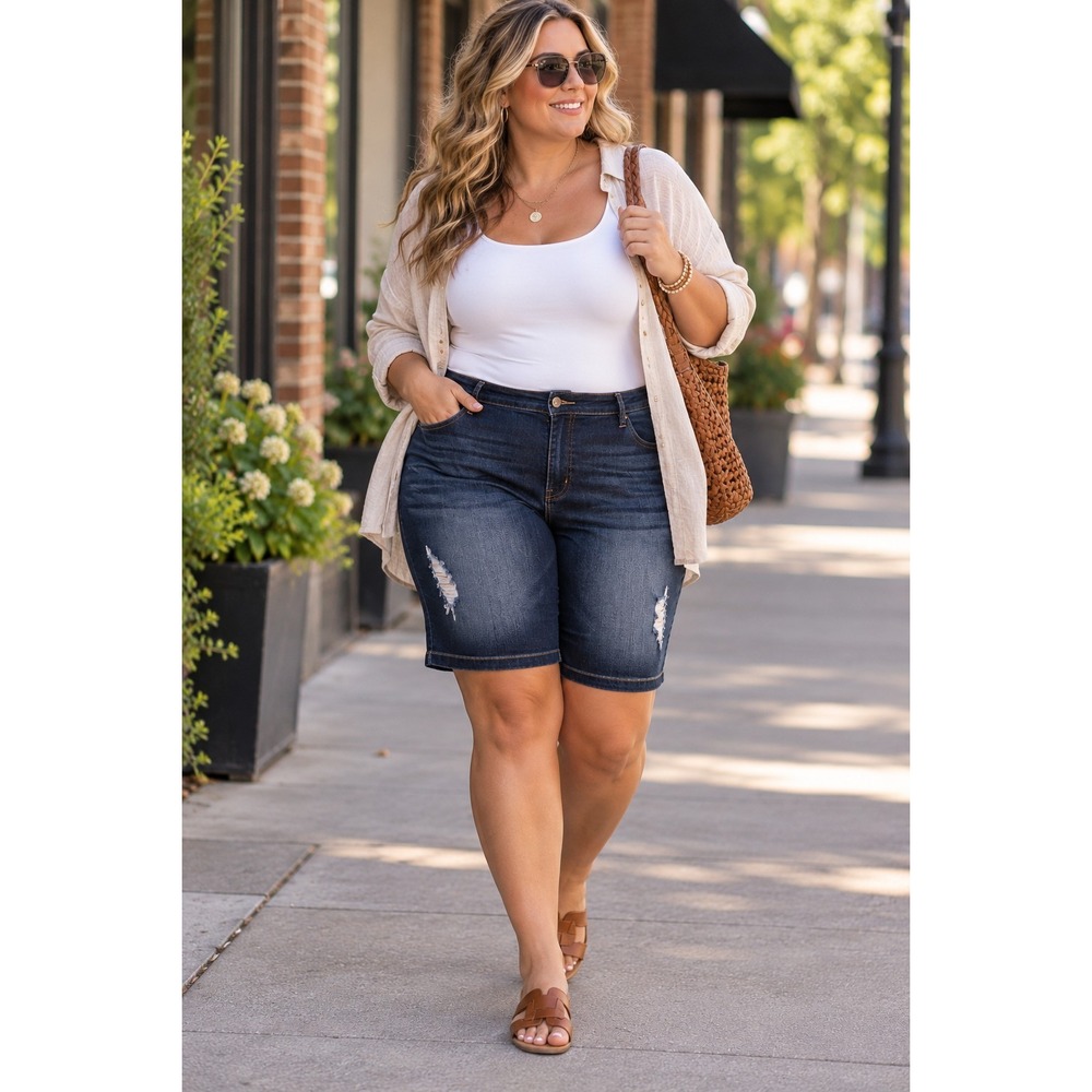 Avenue Size 20 Plus Denim Bermuda Shorts Dark Wash Distressed Stretch Jean...